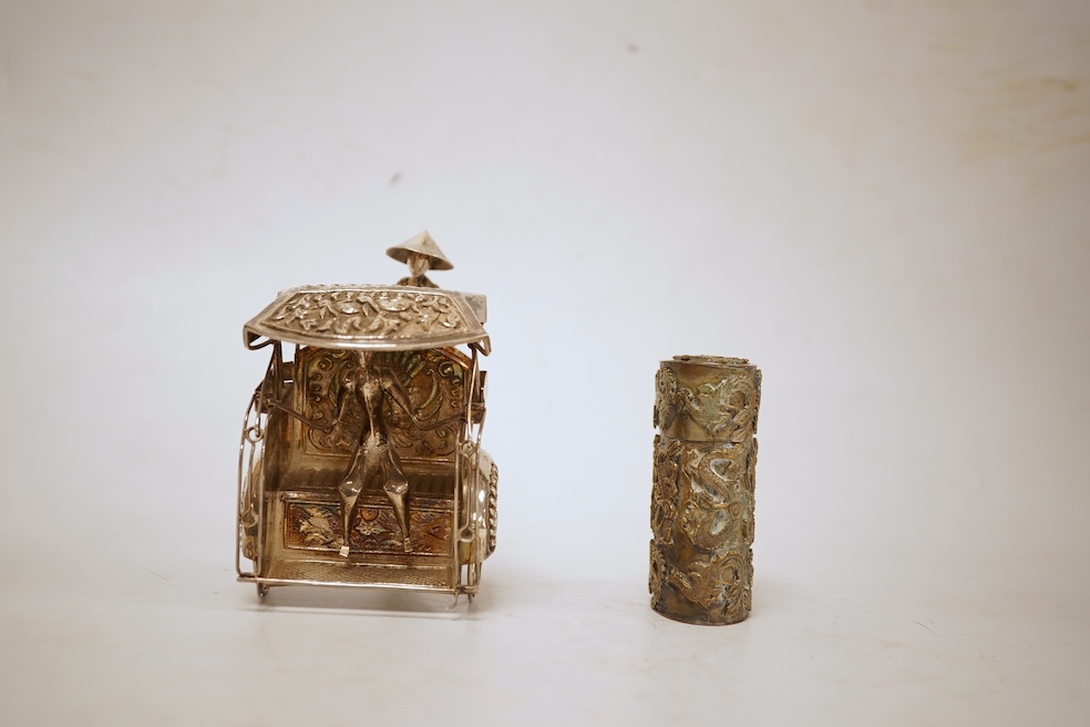 A Yogya 835 standard white metal model of figure and rickshaw, length 12cm, together with a Chinese metal box and cover.